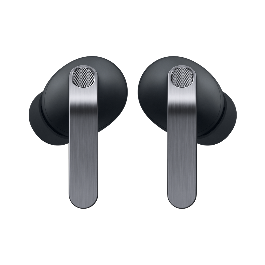 Sorte trådløse in-ear høretelefoner med metalliske sølvfarvede stænger og mikrofongitter på hver øreprop.
