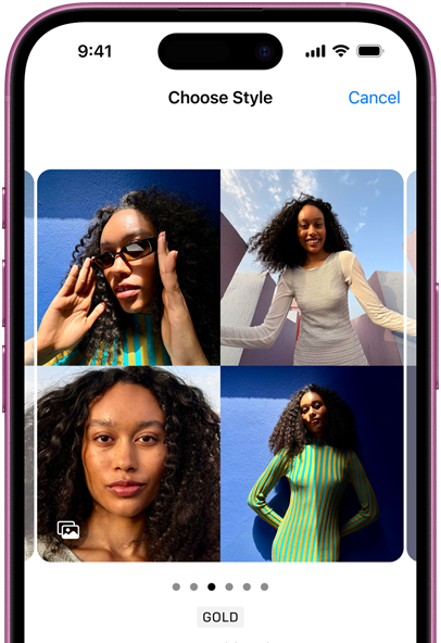Billedet viser iPhone 16 der fremviser 4 forskellige billed styles af en kvinde