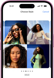 Billedet viser iPhone 16 der fremviser 4 forskellige billed styles af en kvinde