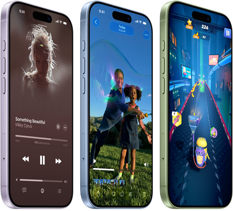 Tre iPhones viser forskellige apps: musikafspiller, et familiefoto og et farverigt mobilspil med løbebane.
