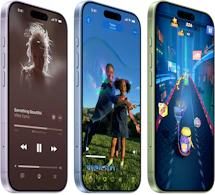 Tre iPhones viser forskellige apps: musikafspiller, et familiefoto og et farverigt mobilspil med løbebane.
