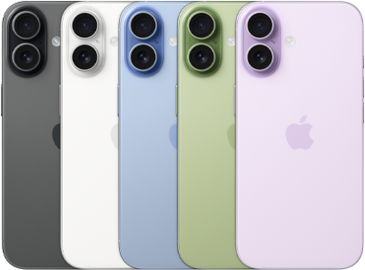 Fem iPhone-telefoner på række i forskellige farver: sort, hvid, blå, grøn og lilla, alle med dobbelt kamera.