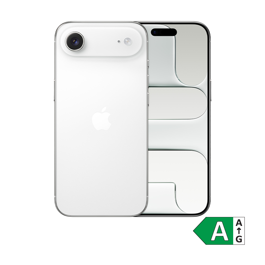 Hvid iPhone med distinkt kameramodul vist fra bag- og forsiden, med et grønt energimærke A i hjørnet.