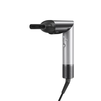 Moderne hårtørrer i sølv og sort design med kontrolknapper og perforeret bund til luftcirkulation.