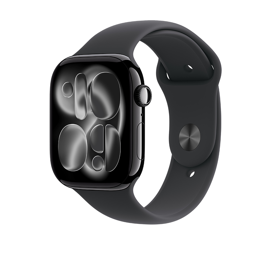 Sort Apple Watch Series 11 med skinnende sort skærm og abstrakt grafisk mønster, monteret på en sort gummiarmbånd.