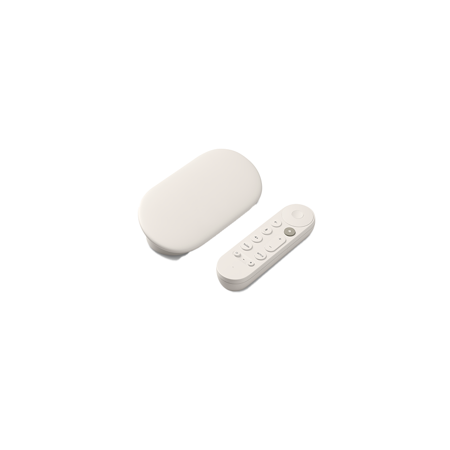 Hvid streaming-enhed med oval form og tilhørende fjernbetjening på hvid baggrund.