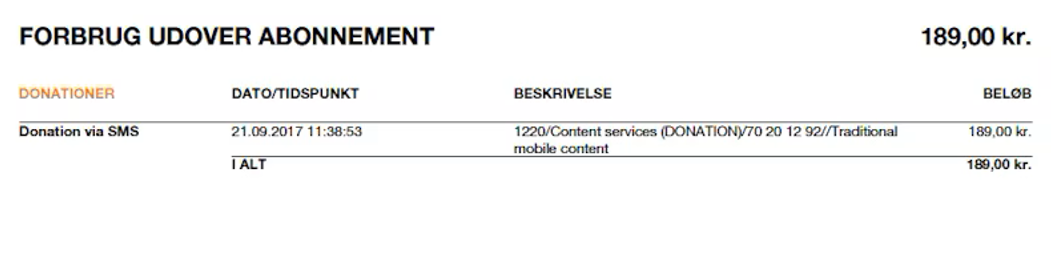 Billedet et eksempel som viser et udsnit af den del af regningen, der viser forbrug udover abonnement.