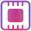 En lilla til pink mikrochip eller processor ikon med firkantet center og stregede kanter.