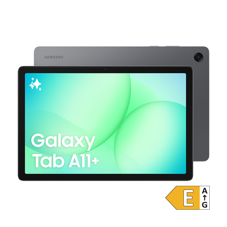 Samsung Galaxy Tab A11+ tablet i grå, vist forfra og bagfra, med grøn skærm og energimærke E.