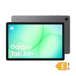 Samsung Galaxy Tab A11+ tablet i grå, vist forfra og bagfra, med grøn skærm og energimærke E.