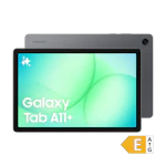 Samsung Galaxy Tab A11+ tablet i grå, vist forfra og bagfra, med grøn skærm og energimærke E.