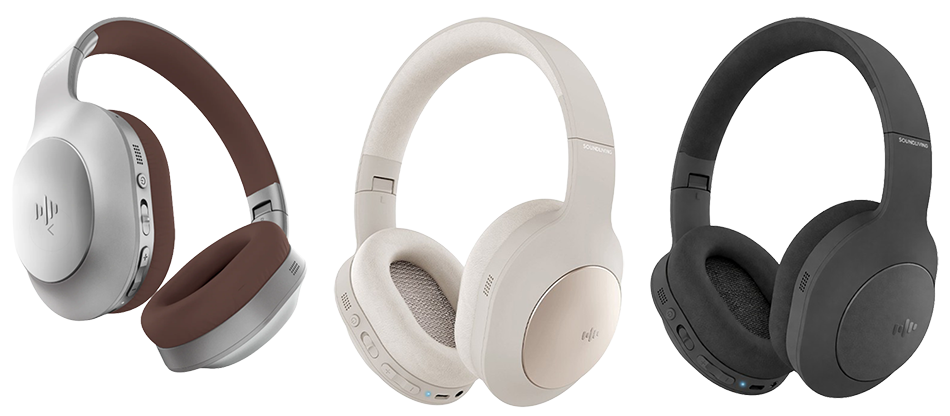 Trådløse hovedtelefoner i hvid og brun med bløde ørepuder og kontrolknapper på siden.