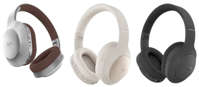 Trådløse hovedtelefoner i hvid og brun med bløde ørepuder og kontrolknapper på siden.