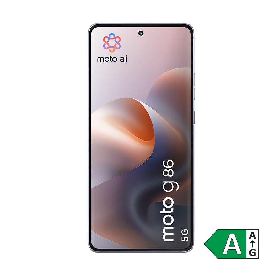 Motorola moto g86 5G smartphone med farverig skærm, moto ai-logo og energimærke A