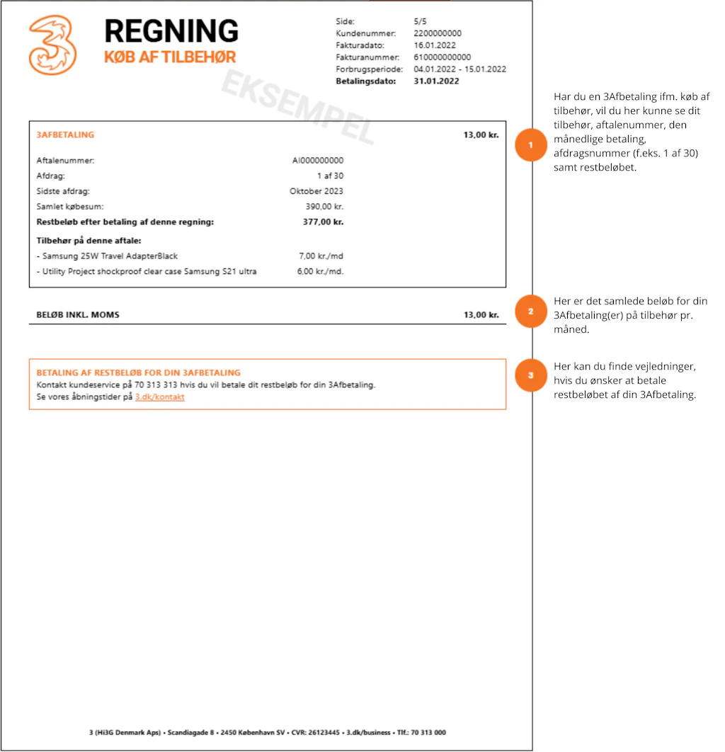 Eksempel på 3-regning for køb af tilbehør med 3Afbetaling, der viser betaling, restbeløb og kontaktinfo til kundeservice.