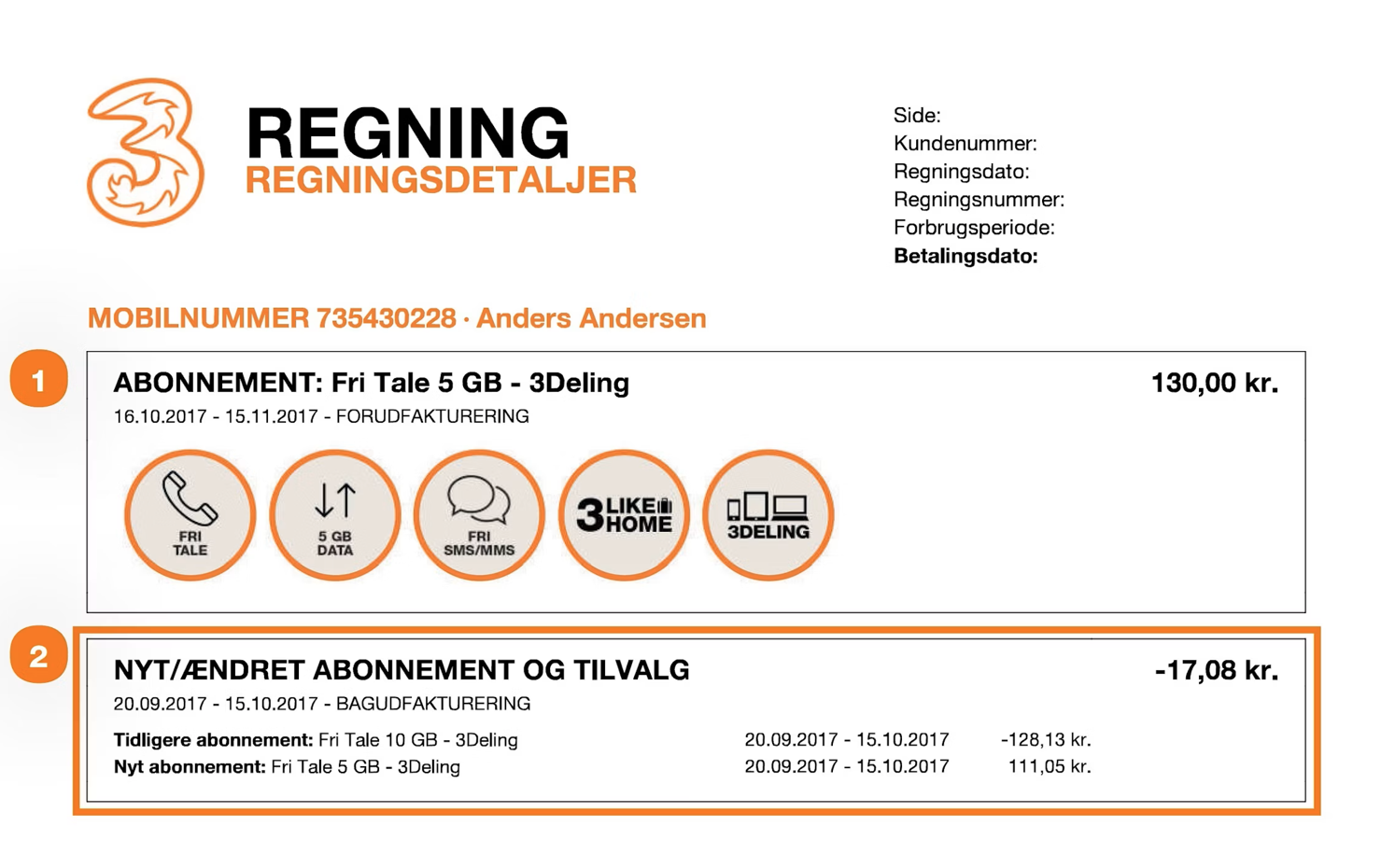 Billede af regning, hvor afsnittet "Nyt/ændret abonnement og tilvalg" specificeres.