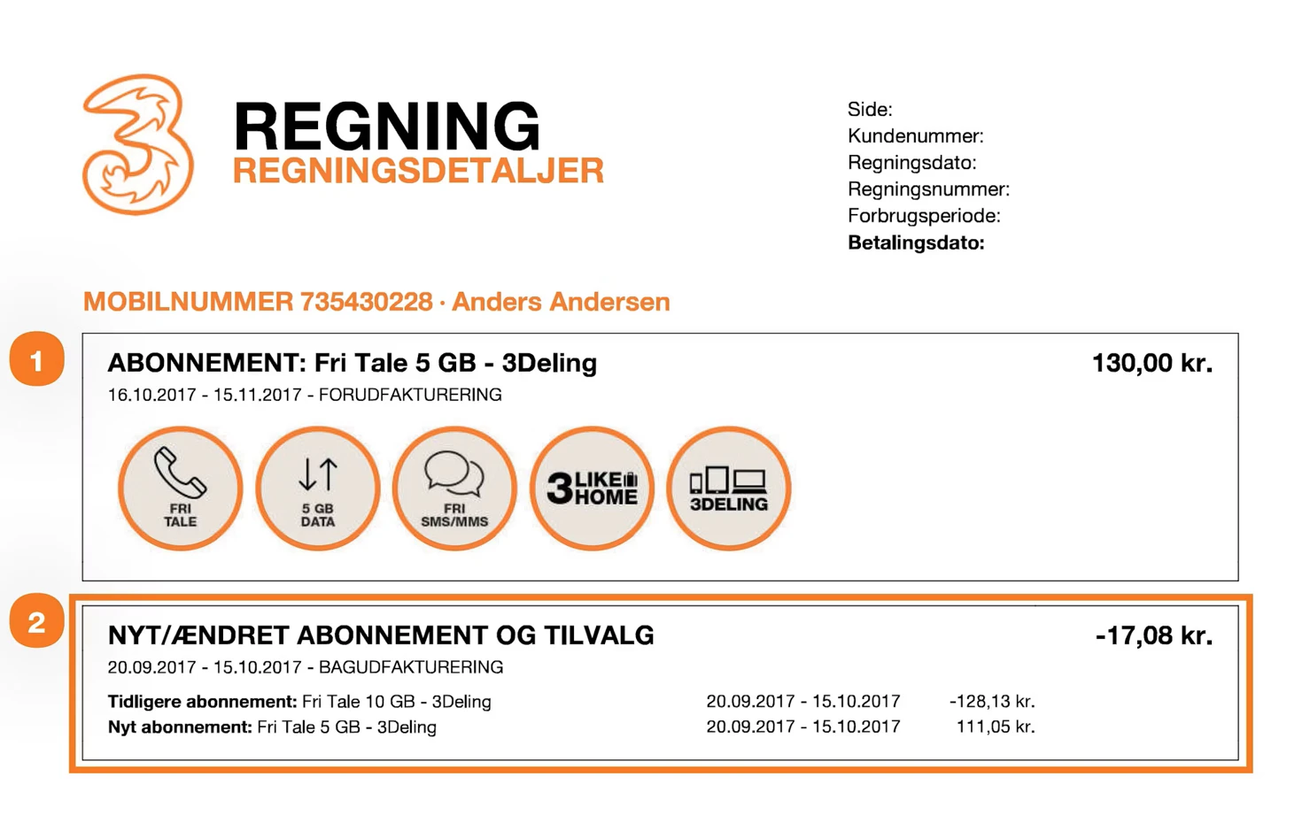 Billede af regning, hvor afsnittet "Nyt/ændret abonnement og tilvalg" specificeres.