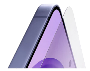 Nærbillede af en lilla smartphone eller tablet med buet kant og beskyttelsesglas, vist i et elegant design.