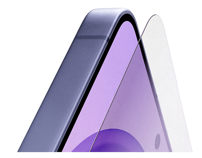 Nærbillede af en lilla smartphone eller tablet med buet kant og beskyttelsesglas, vist i et elegant design.