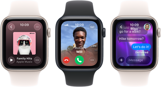 Tre Apple Watches viser forskellige funktioner: musik, et telefonopkald og en beskedudveksling om en vandretur.