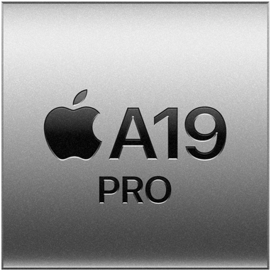 Apple A19 PRO chip på sølvfarvet metaloverflade med Apple-logo