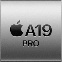 Apple A19 PRO chip på sølvfarvet metaloverflade med Apple-logo