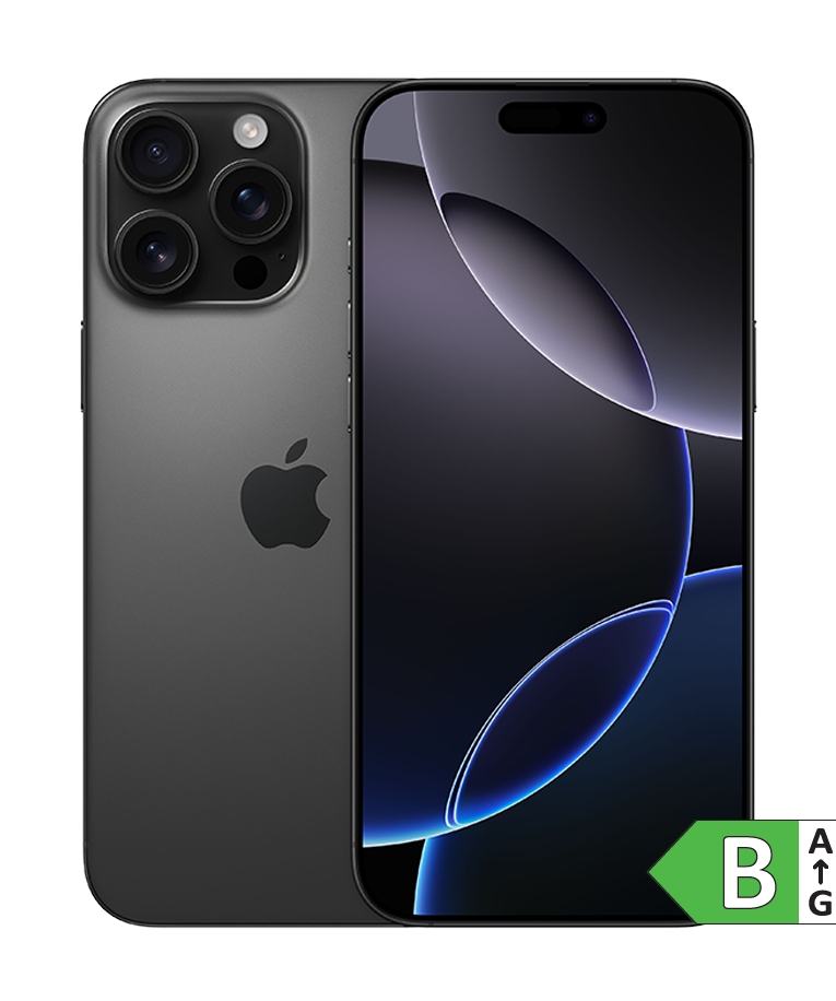 iPhone 16 Pro Max i sort med energimærke B