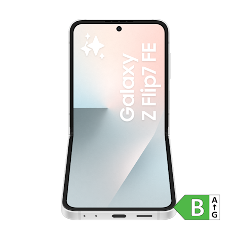 Samsung Galaxy Z Flip7 FE foldbar smartphone i hvid, set forfra med energimærke B.