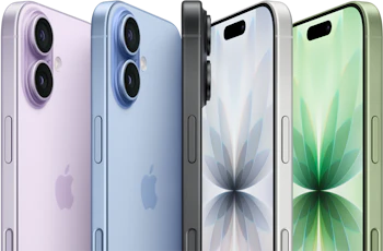 Fire iPhone-modeller i forskellige farver - lilla, blå, sort og grøn - vist fra for- og bagside med dobbelt kamera.