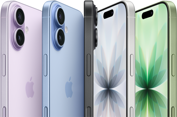 Fire iPhone-modeller i forskellige farver - lilla, blå, sort og grøn - vist fra for- og bagside med dobbelt kamera.