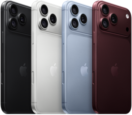 Fire iPhone 18 Pro-modeller set bagfra i farverne sort, sølv, blå og mørkerød, opstillet ved siden af hinanden.