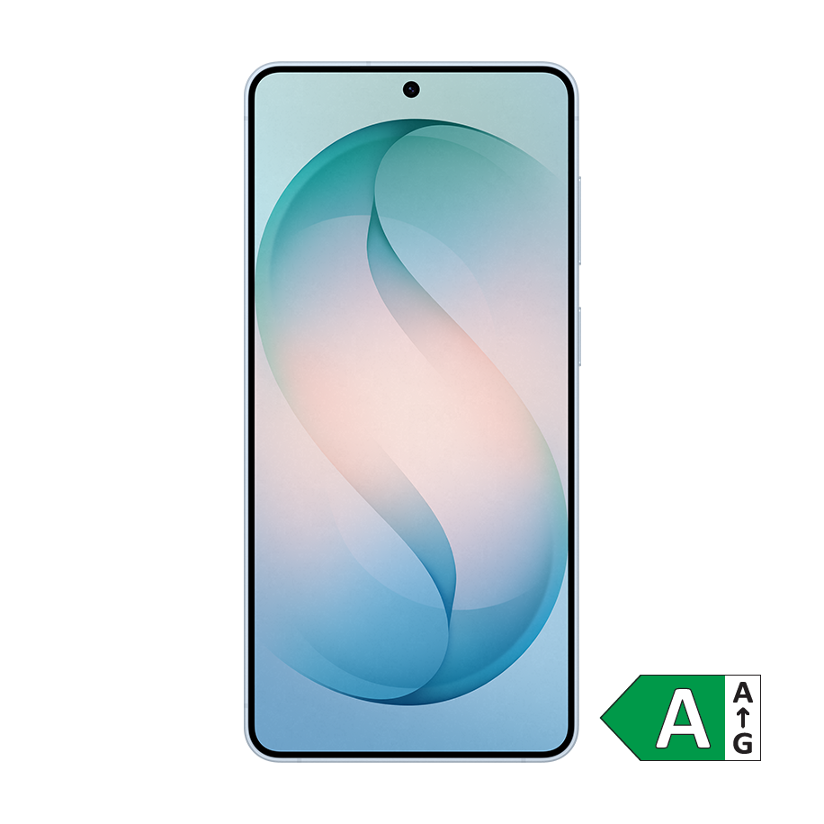 Smartphone med blød S-formet gradient baggrund i blå og fersken farver. Energimærke A vises i hjørnet.