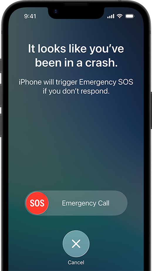 iPhone-skærm med ulykkesregistrering og advarsel om automatisk nødopkald (SOS) med mulighed for at annullere.