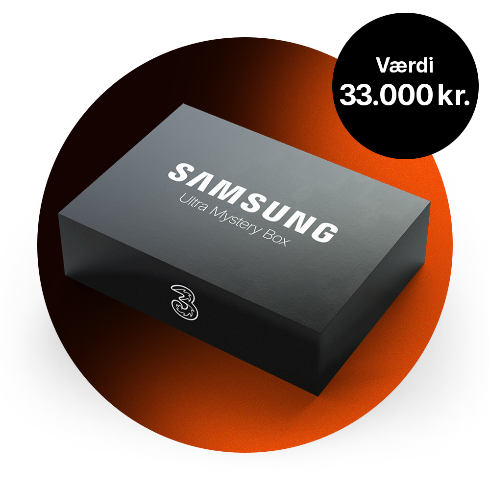 Sort Samsung-æske med teksten "Ultra Mystery Box" og 3-logo på en hvid baggrund.