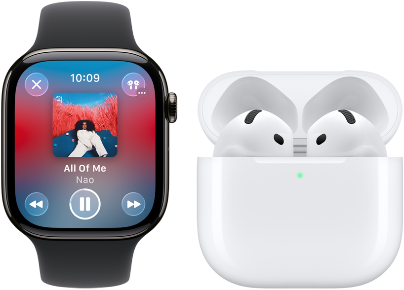 Sort Apple Watch med musikafspiller der viser sangen "All Of Me" af Nao, ved siden af hvide AirPods i opladningsetui.
