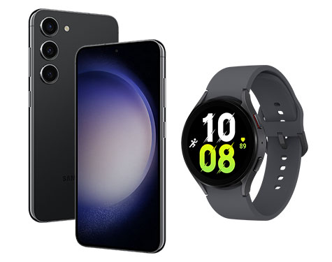 Sort Samsung smartphone ved siden af et sort smartwatch med digital urskive, illustrerer opsætning af eSIM til smartwatch.