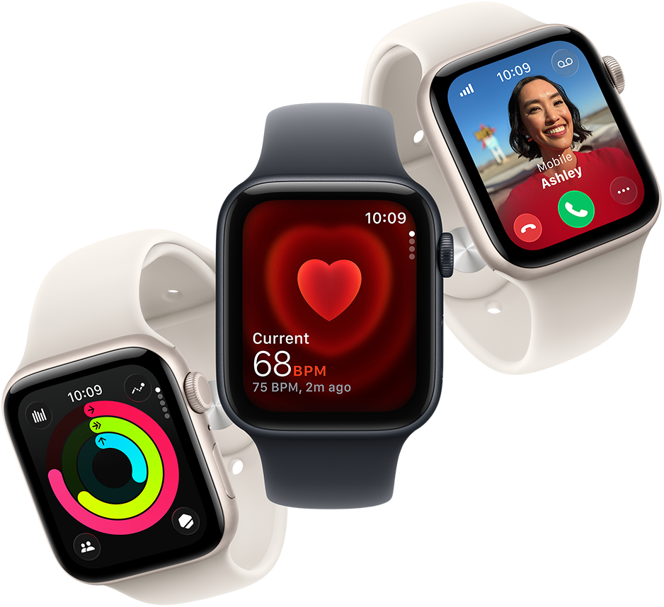 Tre Apple Watches med forskellige skærme: aktivitetsmåler, pulsmåler med rødt hjerte og et indgående opkald på hvide og sorte remme.