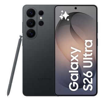 Sort Samsung Galaxy S26 Ultra smartphone med S Pen ved siden af. Telefonen har tre kameraer og en elegant skærm.