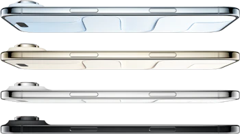 Sideprofil af fire smartphones i forskellige farver - blå, guld, sølv og sort - der viser deres slanke design og kameramodul.