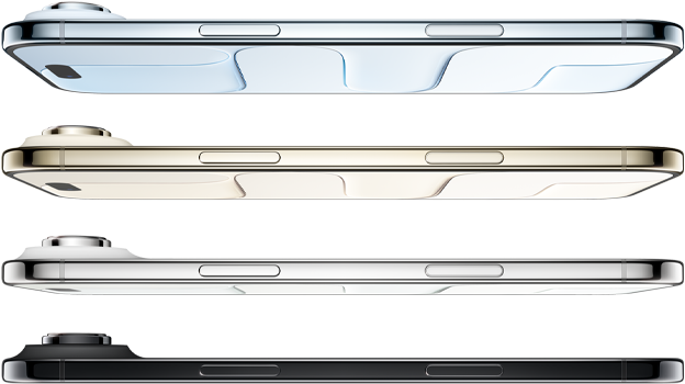 Sideprofil af fire smartphones i forskellige farver - blå, guld, sølv og sort - der viser deres slanke design og kameramodul.