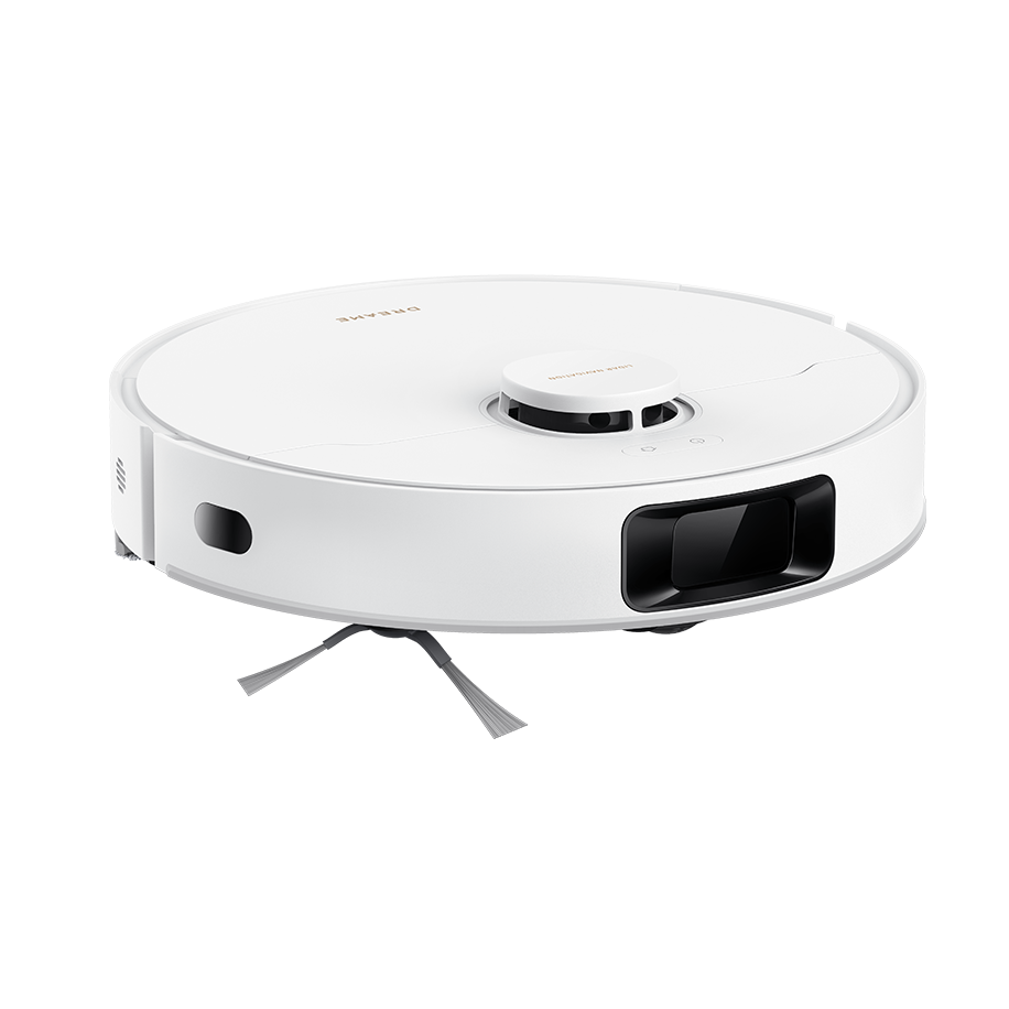 Hvid robotstøvsuger med rund form, sensorer på forsiden og små børster underneden til automatisk rengøring.