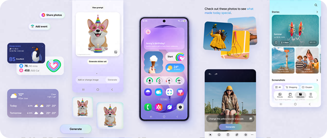 Smartphone-skærme viser en app med en hund med festhat, vejrwidgets og billedredigeringsfunktioner på en lilla baggrund.