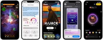 Fem mobiltelefoner viser forskellige apps: et spil, en rapport, en streamingapp med filmen "H/JACK", et dating-event og en emoji-vælger.