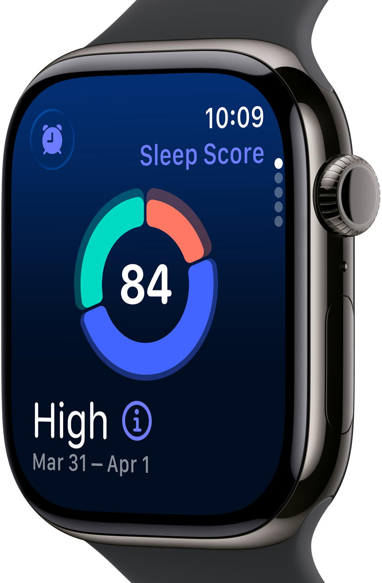Smartwatch viser søvnscore på 84 med farverig cirkelgraf på blå skærm. 