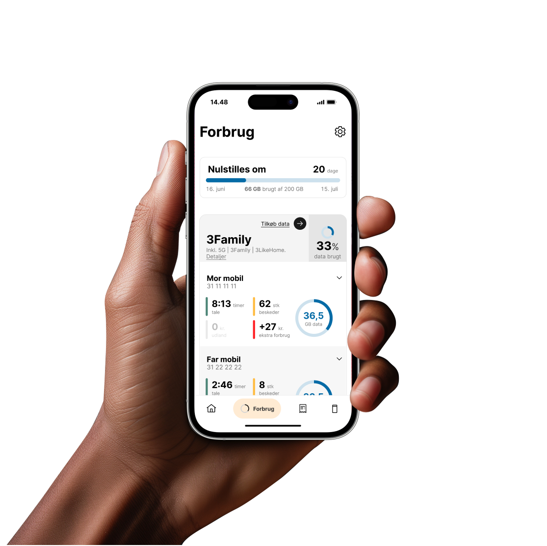 Hånd der holder mobiltelefon med Mit 3 app åben