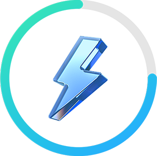 Blåt lynikon i 3D omgivet af en turkis og blå cirkelformet fremskridtsindikator.