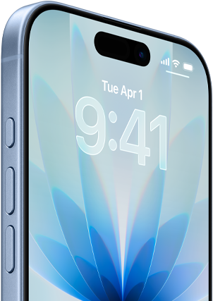 En iPhone med blå baggrund på skærmen, der viser klokkeslæt 9:41 og datoen tirsdag den 1. april.