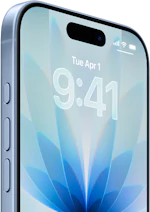 En iPhone med blå baggrund på skærmen, der viser klokkeslæt 9:41 og datoen tirsdag den 1. april.