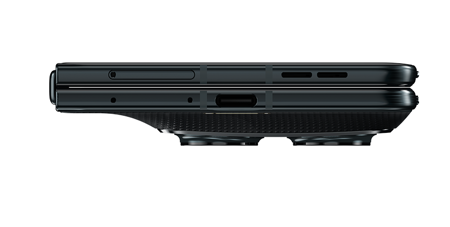 Sort profil af en foldet sort smartphone med synlige porte og knapper langs kanten.