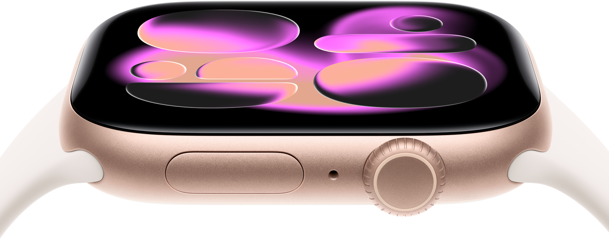 Guldfarvet smartwatch med sort skærm, der viser abstrakt lilla og orange grafik. Uret har en digital krone på siden.